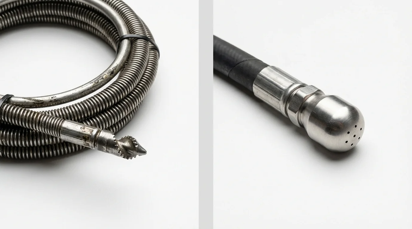 Drain snake cable and hydro jetting nozzle used for drain cleaning in Three Rivers, CA