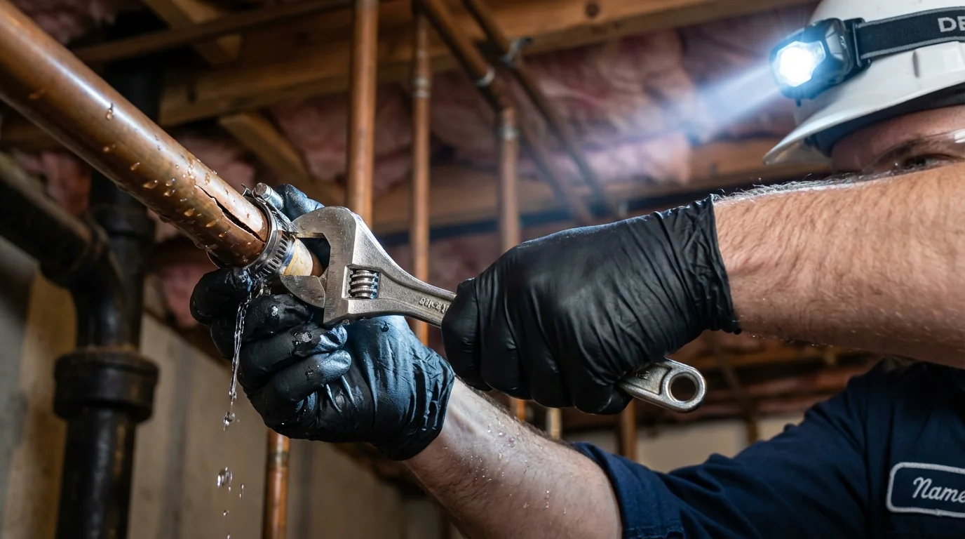 Emergency pipe clamp repair being performed by a Johns Plumbing LLC plumber in Three Rivers