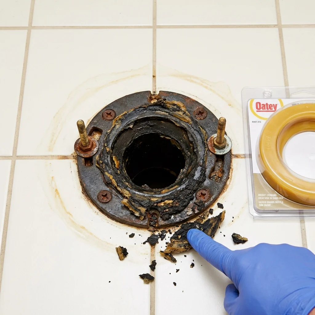 Failed wax ring showing water seepage at the base of a toilet in a Three Rivers, CA home