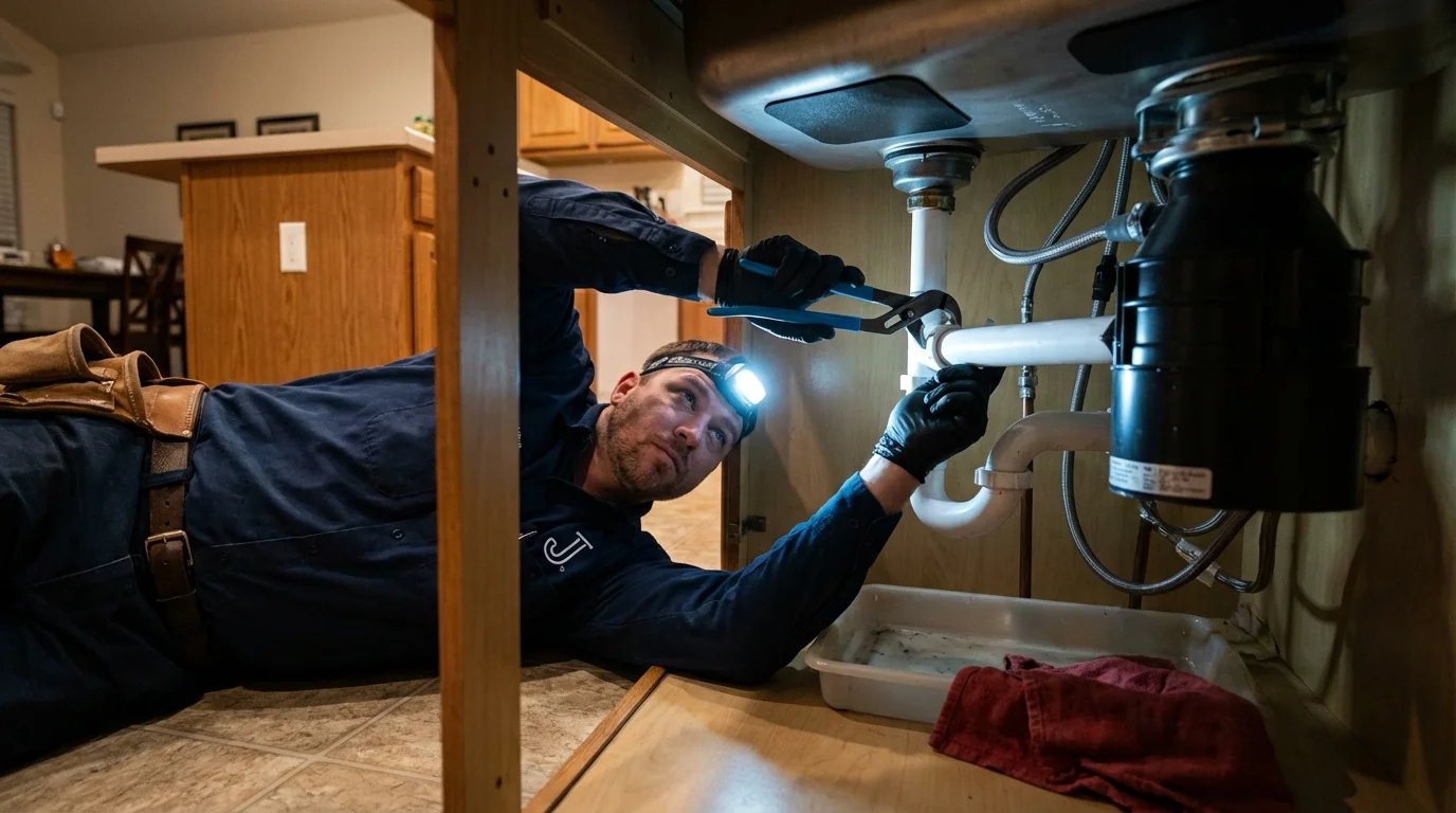 P-trap and supply line connections under a kitchen sink showing a common leak point in Three Rivers, CA